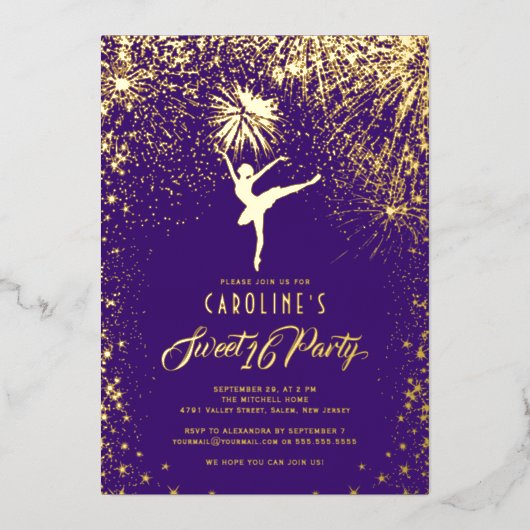 Ballerina Fireworks Elegant Sweet 16 Lila Gold Folieneinladung (Vorderseite)
