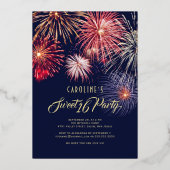 Ballerina Fireworks Skyline Sweet 16 Blue Gold Folieneinladung (Rückseite)