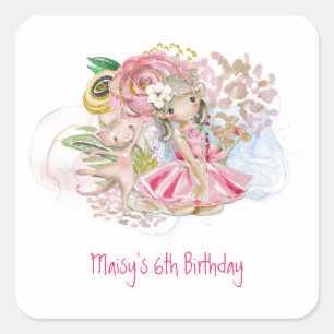 Ballerina Florals Cat Pink Girl 6. Geburtstagspart Quadratischer Aufkleber