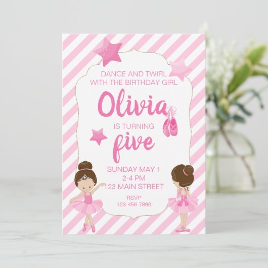 Ballerina Geburtstag Einladung mit rosa Streifen (Stehend Vorderseite)