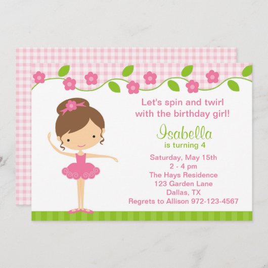 Ballerina Girl Geburtstagsparty Einladungen (Vorne/Hinten)