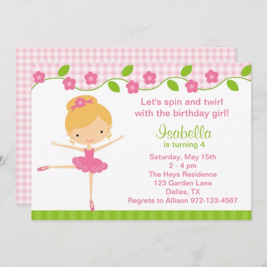 Ballerina Girl Geburtstagsparty Einladungen (Vorne/Hinten)