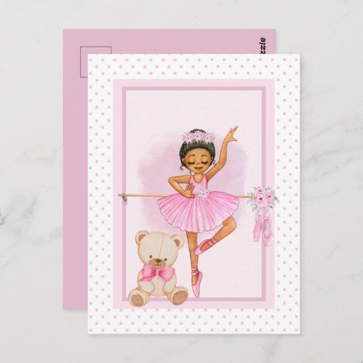 Ballerina girl & teddy Bären pink polka dot Postkarte (Vorne/Hinten)