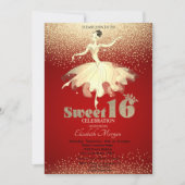 Ballerina, Gold Confetti Glitzer Red Sweet 16 Einladung (Vorderseite)
