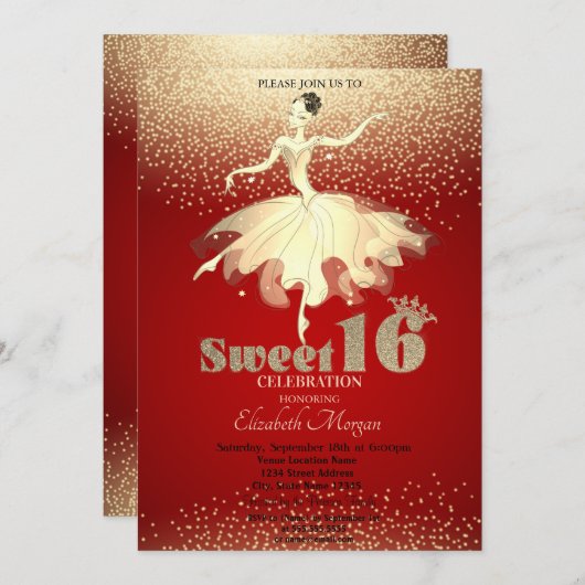 Ballerina, Gold Confetti Glitzer Red Sweet 16 Einladung (Vorne/Hinten)