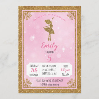 Ballerina-Gold und rosa Geburtstags-Party Einladung