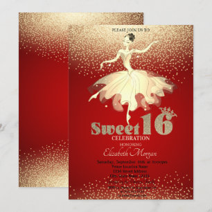 Ballerina, Goldkonfetti Glitter Rot Sweet 16 Einladung
