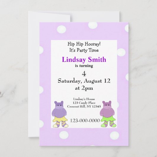 Ballerina Hippo Party Einladung (Vorderseite)
