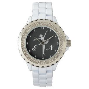 Ballerina im Silber auf Schwarzem mit Monogramm Armbanduhr