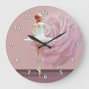 Ballerina im Weiß mit rosa Rose Große Wanduhr