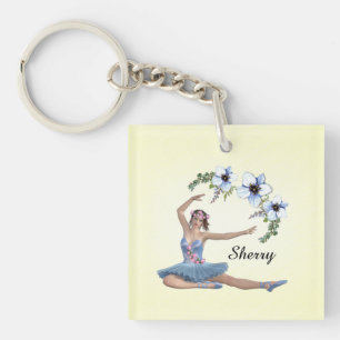 Ballerina in Blau Persönlicher Name Gelb Schlüsselanhänger