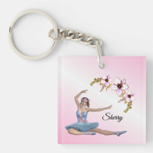 Ballerina in Blue Persönlicher Name auf rosa Schlüsselanhänger