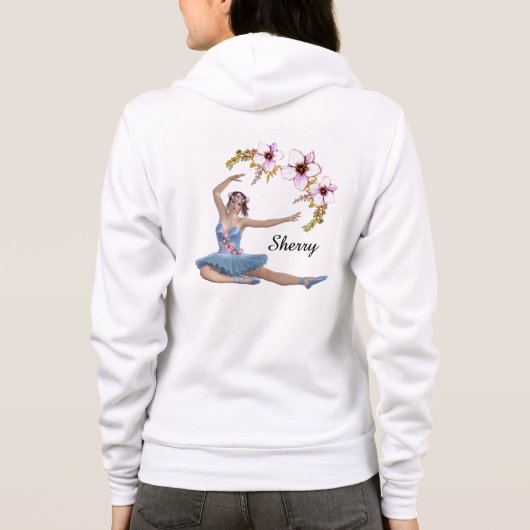 Ballerina in Blue Persönlicher Name Rosa Blume Hoodie (Rückseite)