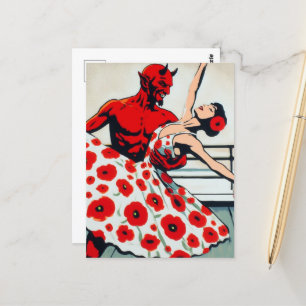 Ballerina in einem Mohnkleid tanzt mit dem Teufel Postkarte