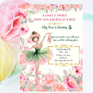Ballerina in Pink & Green Tutu Blumengeburt Einladung