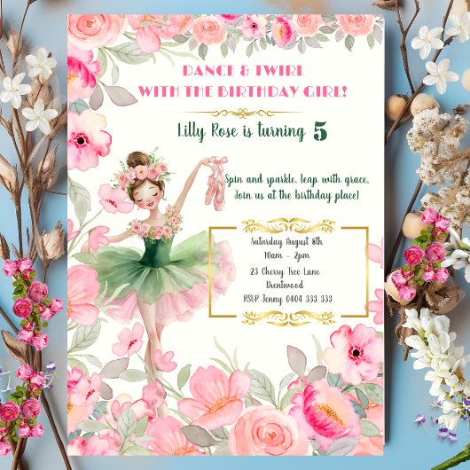 Ballerina in Pink & Green Tutu Blumengeburt Einladung