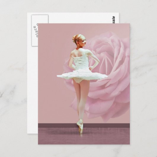Ballerina in Weiß mit rosa Rose Postkarte (Vorne/Hinten)