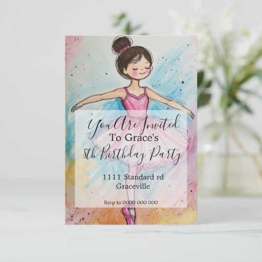 Ballerina Kindergeburtstag Party Einladung (Stehend Vorderseite)