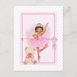 Ballerina Mädchen & Teddybär rosa Punkte Postkarte