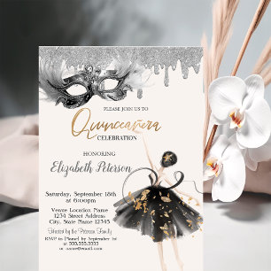Ballerina-Maske Glittertropfen Quinceanera Einladung