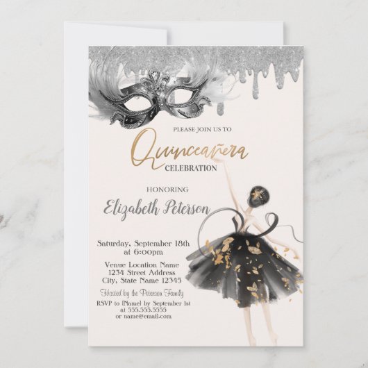 Ballerina Masque Glitter Drips Quinceanera Einladung (Vorderseite)