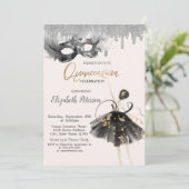 Ballerina Masque Glitter Drips Quinceanera Einladung (Stehend Vorderseite)