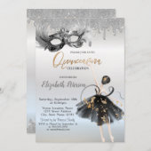 Ballerina Masque Glitter Drips Silver Quinceanera Einladung (Vorne/Hinten)
