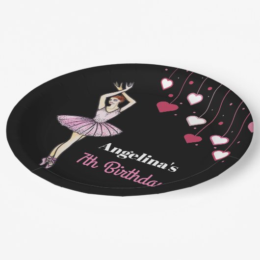 Ballerina mit rosa Kleid und Pointe Toe Shoes Pappteller (Schrägansicht)