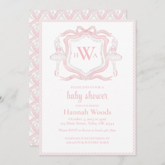Ballerina Monogram Grandmillennial Baby Shower Einladung (Vorne/Hinten)
