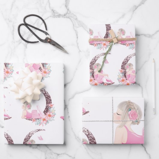 Ballerina Moon Pastel Pink Glitzer Geschenkpapier Set (Vorderseite)