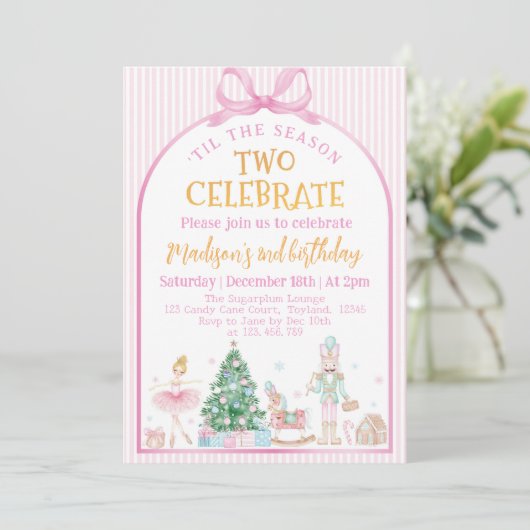 Ballerina Nutcracker Christmas Pink Bow Birthday Einladung (Stehend Vorderseite)