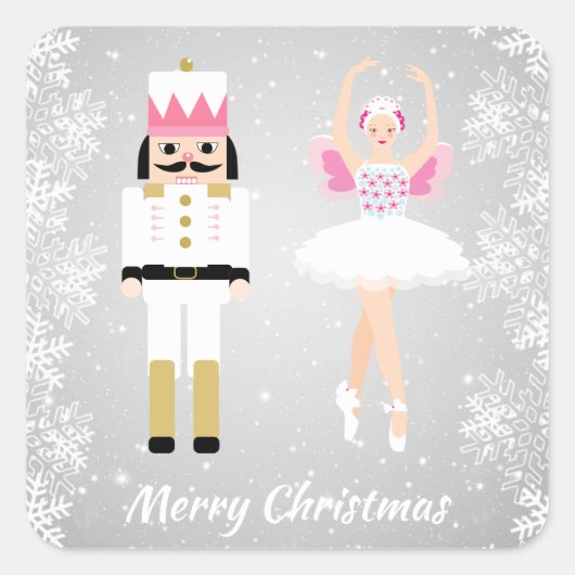 Ballerina & Nutcracker, Schneeflocken Weihnachten Quadratischer Aufkleber (Vorderseite)