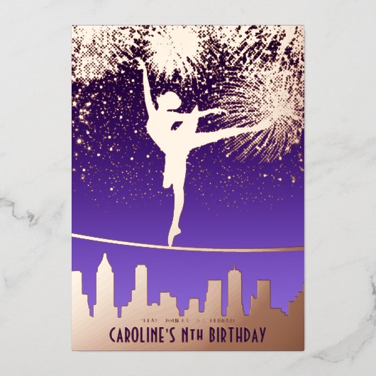 Ballerina NYC Skyline Fireworks Ballet Birthday Folieneinladung (Vorderseite)