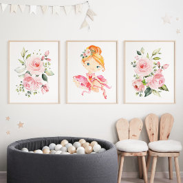 Ballerina, orangefarbenes Haar, rosa Blume, Girl-K Bilderwand Sets