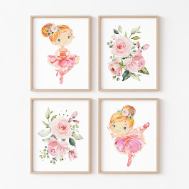 Ballerina, orangefarbenes Haar, rosa Blume, Girl-K Bilderwand Sets