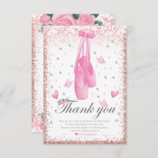 Ballerina Pastel Pink Glitzer Geburtstag Dankeskarte (Vorne/Hinten)