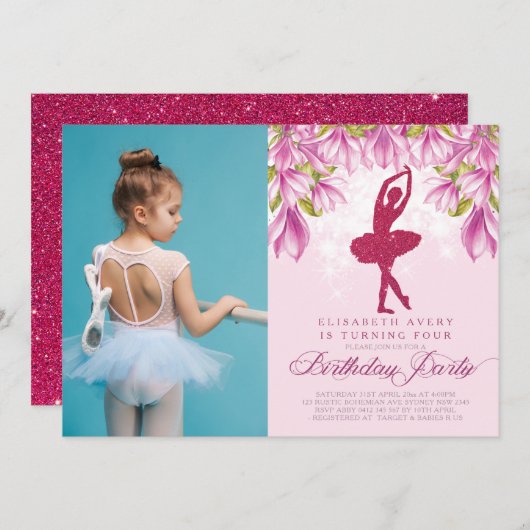 Ballerina Pink Geburtstags-Foto Einladung (Vorne/Hinten)
