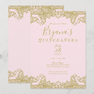 Ballerina Pink Gold Glitzer Lace Quinceañera Einladung
