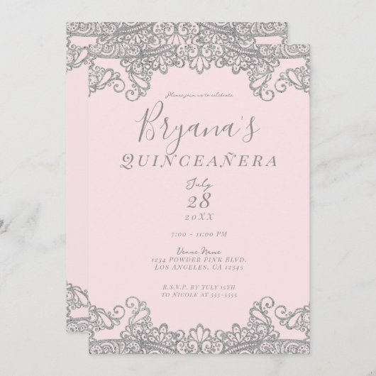 Ballerina Pink Silver Glitzer Lace Quinceañera Einladung (Vorne/Hinten)