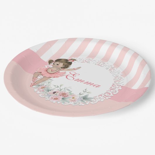 Ballerina Pink Tutu Stripes Blume Pappteller (Schrägansicht)