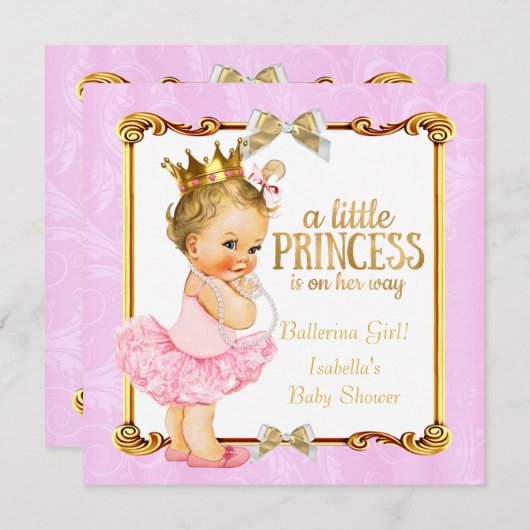 Ballerina Princess Baby Dusche Rosa Gold Blonde Einladung (Vorne/Hinten)