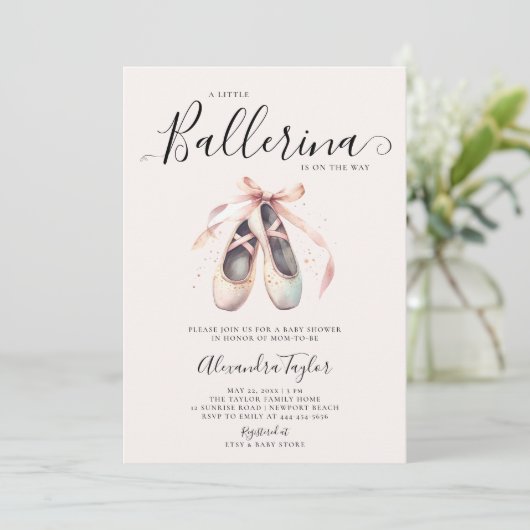Ballerina Schuhe Pink Bow Gold Baby Girl Dusche Einladung (Stehend Vorderseite)