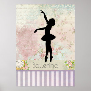 Ballerina-Silhouette auf elegantem Vintage-Muster Poster