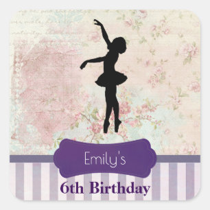 Ballerina-Silhouette auf Vintage-Muster-Geburtstag Quadratischer Aufkleber