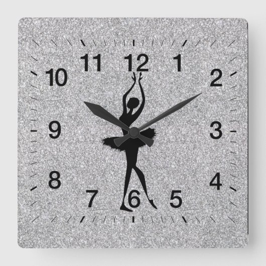 Ballerina Silhouette Silver Glitzer Quadratische Wanduhr (Vorderseite)