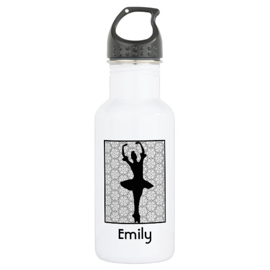 Ballerina Silhouette über ein Herz-Mandala-Muster Trinkflasche (Vorderseite)