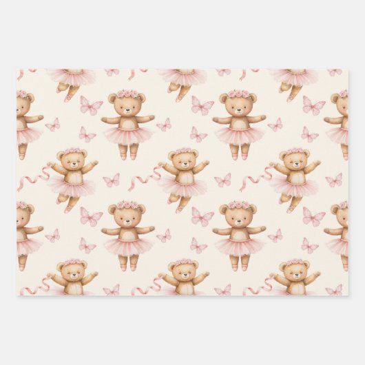 Ballerina Teddy Bears Pink Tutus und Schmetterling Geschenkpapier Set (Vorderseite 3)