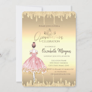 Ballerina, Tiara, Glittertränen Gold Quinceañera Einladung