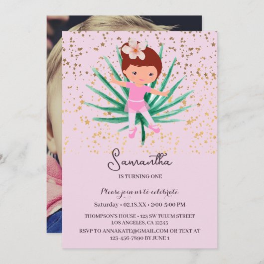 Ballerina Tropical Sparkle Einladung (Vorne/Hinten)