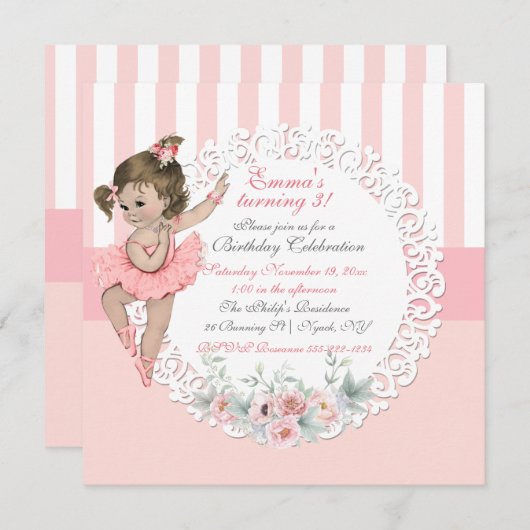 Ballerina Tutu Ballett Rosa Streifen Spitze Einladung (Vorne/Hinten)